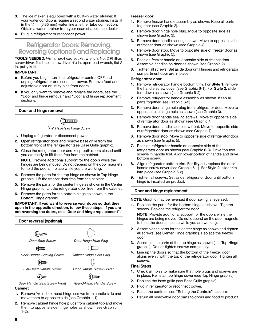 Whirlpool ST18PKXJW00 manual Door and hinge removal, Door reversal optional, Door and hinge replacement, Final Steps 