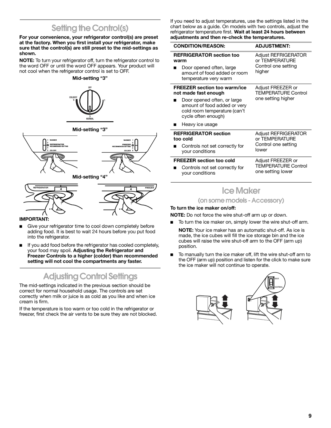 Whirlpool ST18PKXJW00 manual Setting the Controls, Adjusting Control Settings, Ice Maker 