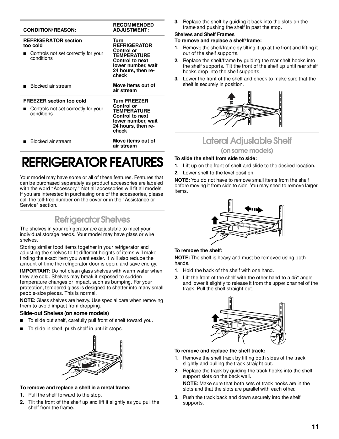 Whirlpool ST21PKXJW00 manual Refrigerator Shelves, Lateral Adjustable Shelf, Slide-out Shelves on some models 