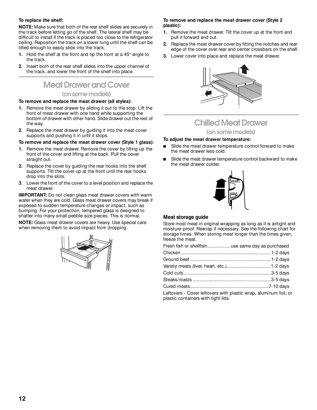 Whirlpool ST21PKXJW00 manual Meat Drawer and Cover, Chilled Meat Drawer, Meat storage guide 