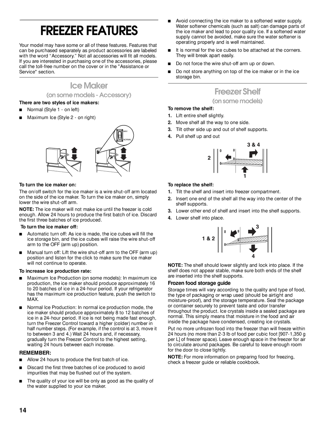 Whirlpool ST21PKXJW00 manual Ice Maker, Freezer Shelf, Frozen food storage guide 