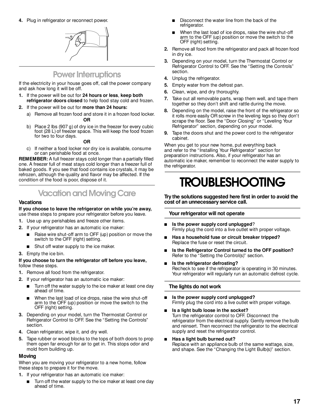 Whirlpool ST21PKXJW00 manual Troubleshooting, Power Interruptions, Vacation and Moving Care 