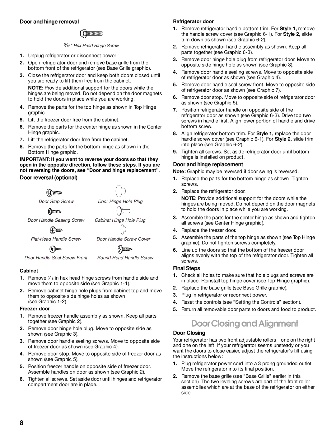 Whirlpool ST21PKXJW00 manual Door Closing and Alignment 