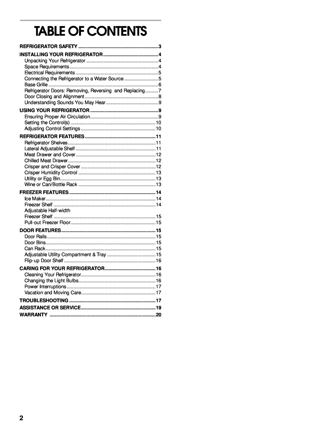 Whirlpool ST21PKXJW00 manual Table Of Contents, Refrigerator Safety, Installing Your Refrigerator, Using Your Refrigerator 