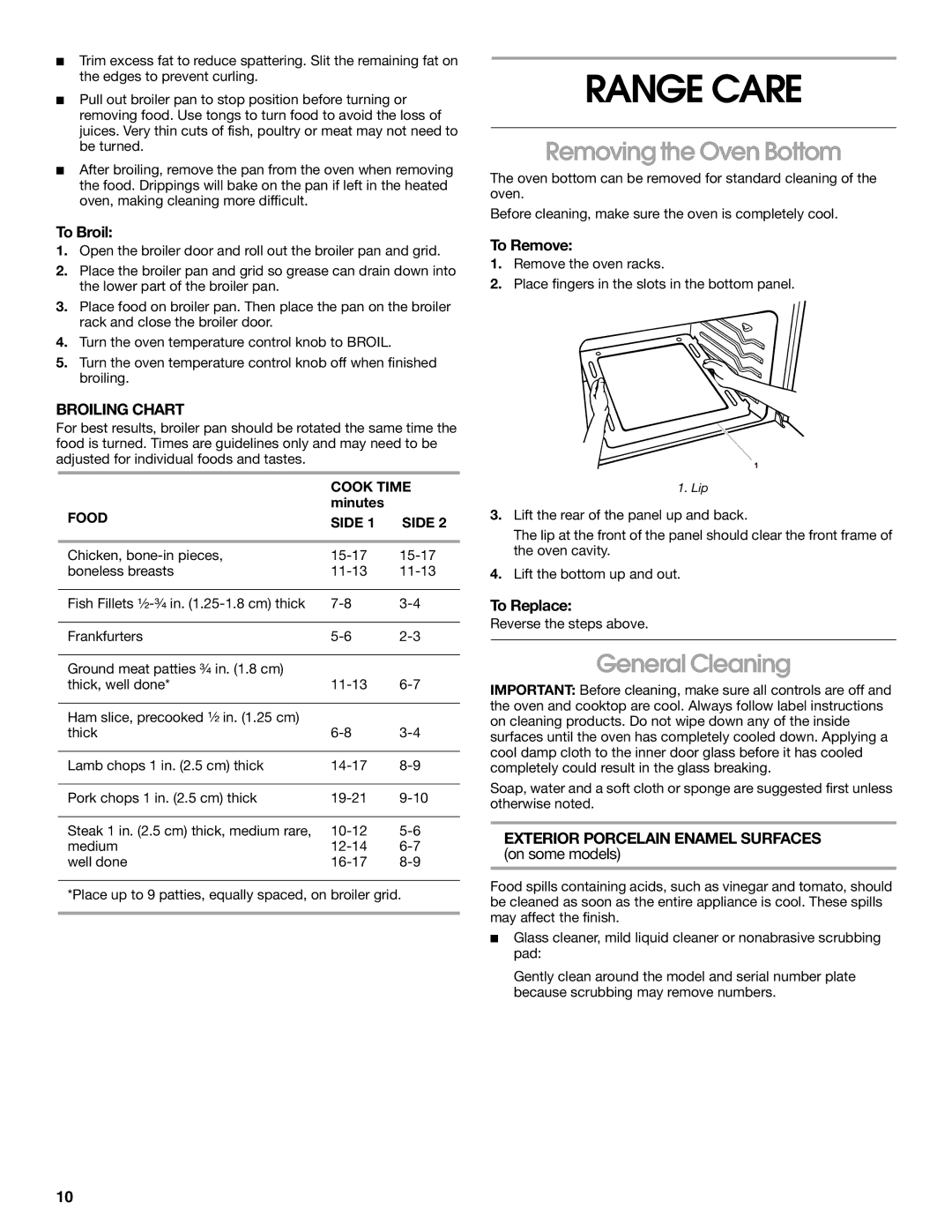 Whirlpool STANDARD CLEANING GAS RANGE manual Range Care, Removing the Oven Bottom, General Cleaning, Broiling Chart 