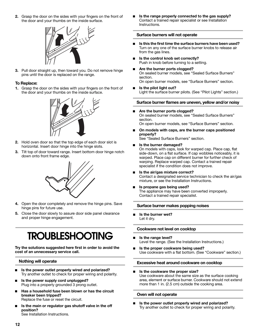 Whirlpool STANDARD CLEANING GAS RANGE manual Troubleshooting 