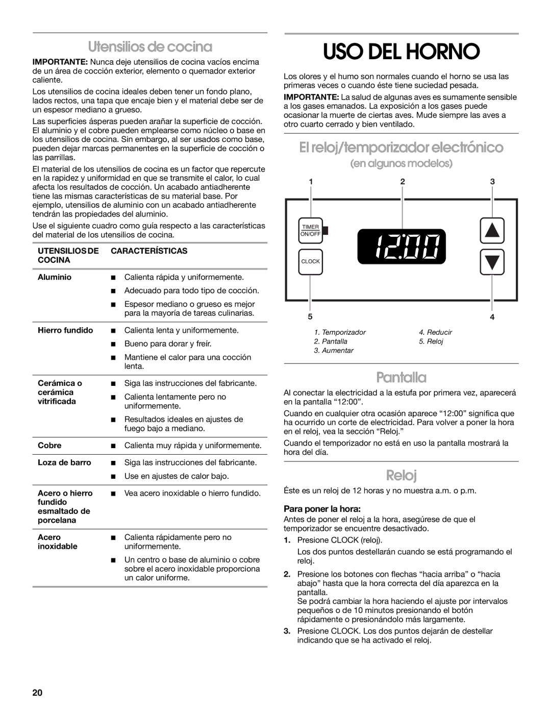 Whirlpool STANDARD CLEANING GAS RANGE USO DEL Horno, Utensilios de cocina, El reloj/temporizador electrónico, Pantalla 