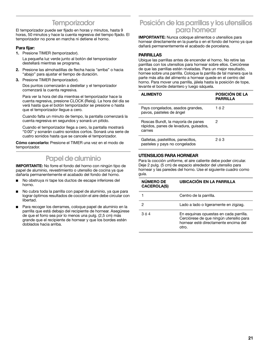 Whirlpool STANDARD CLEANING GAS RANGE manual Temporizador, Papel de aluminio, Parrillas, Utensilios Para Hornear 