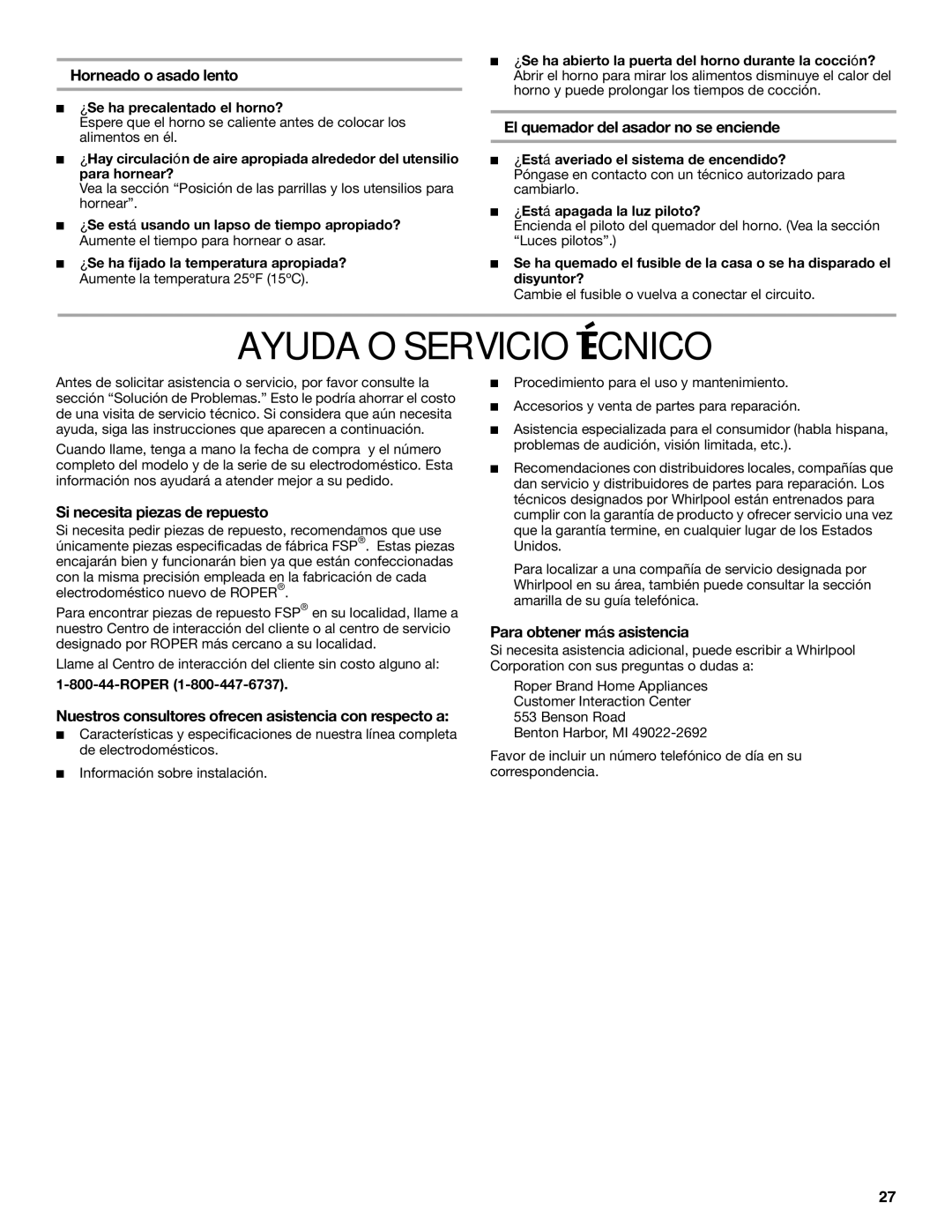 Whirlpool STANDARD CLEANING GAS RANGE manual Ayuda O Servicio Técnico 