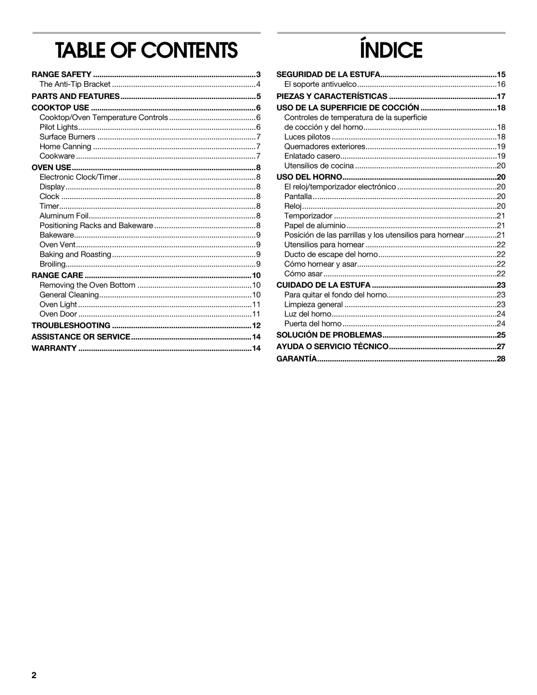 Whirlpool STANDARD CLEANING GAS RANGE manual Índice, Table Of Contents 