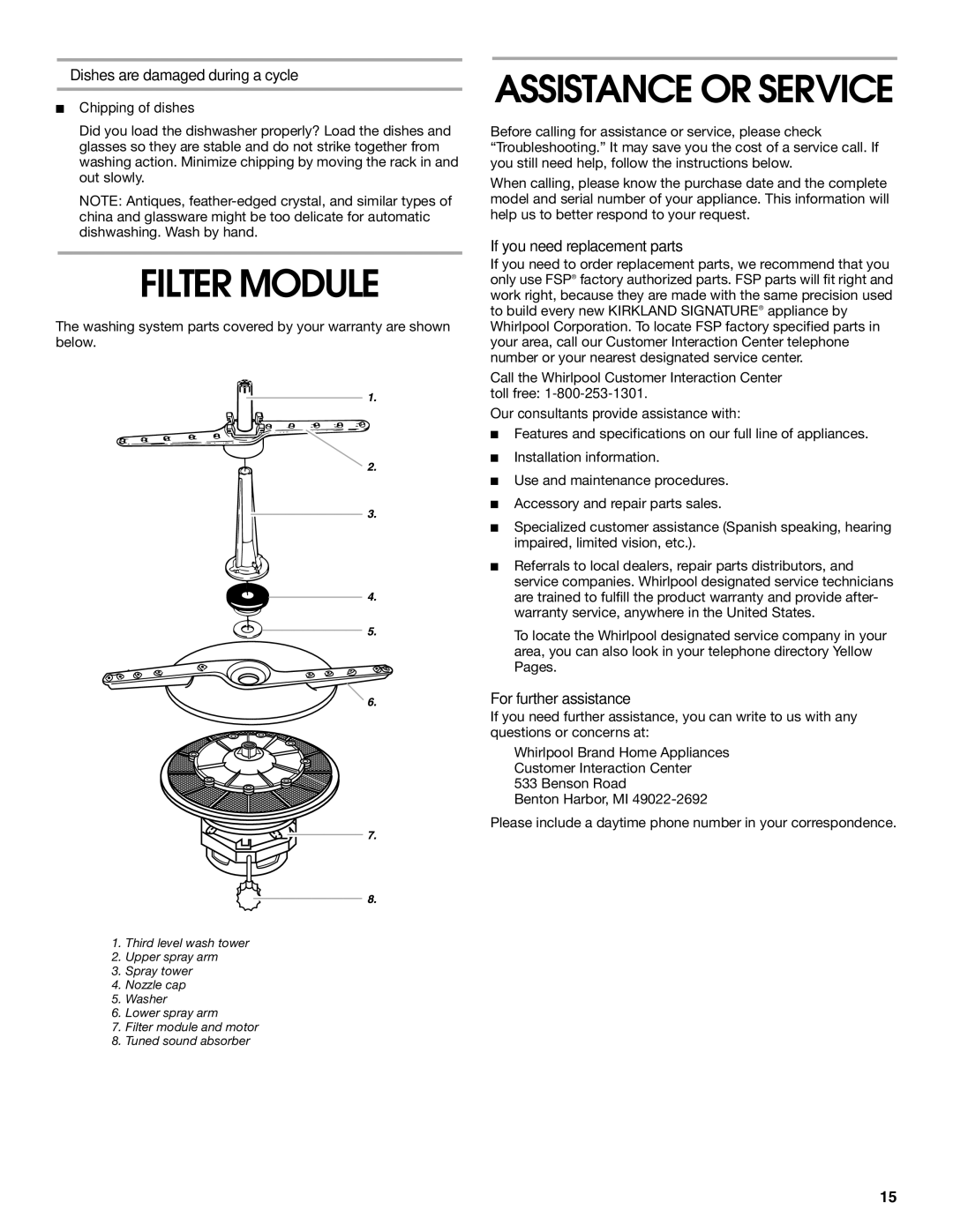 Whirlpool SUD5000 Filter Module, Dishes are damaged during a cycle, If you need replacement parts, For further assistance 