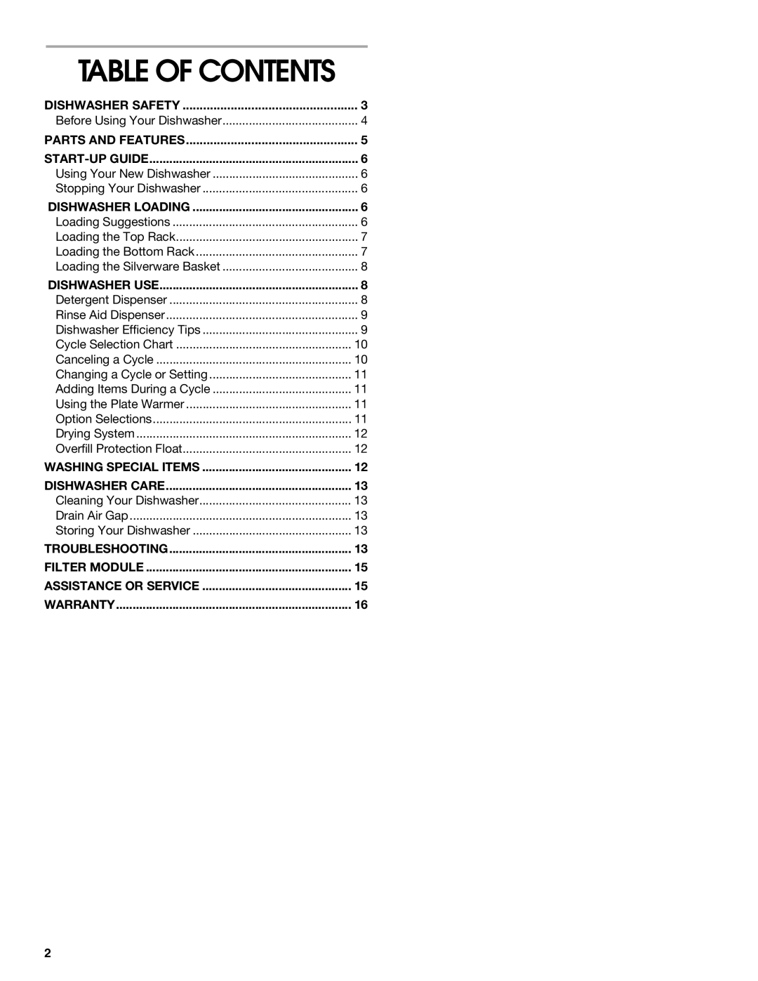 Whirlpool SUD5000 manual Table of Contents 