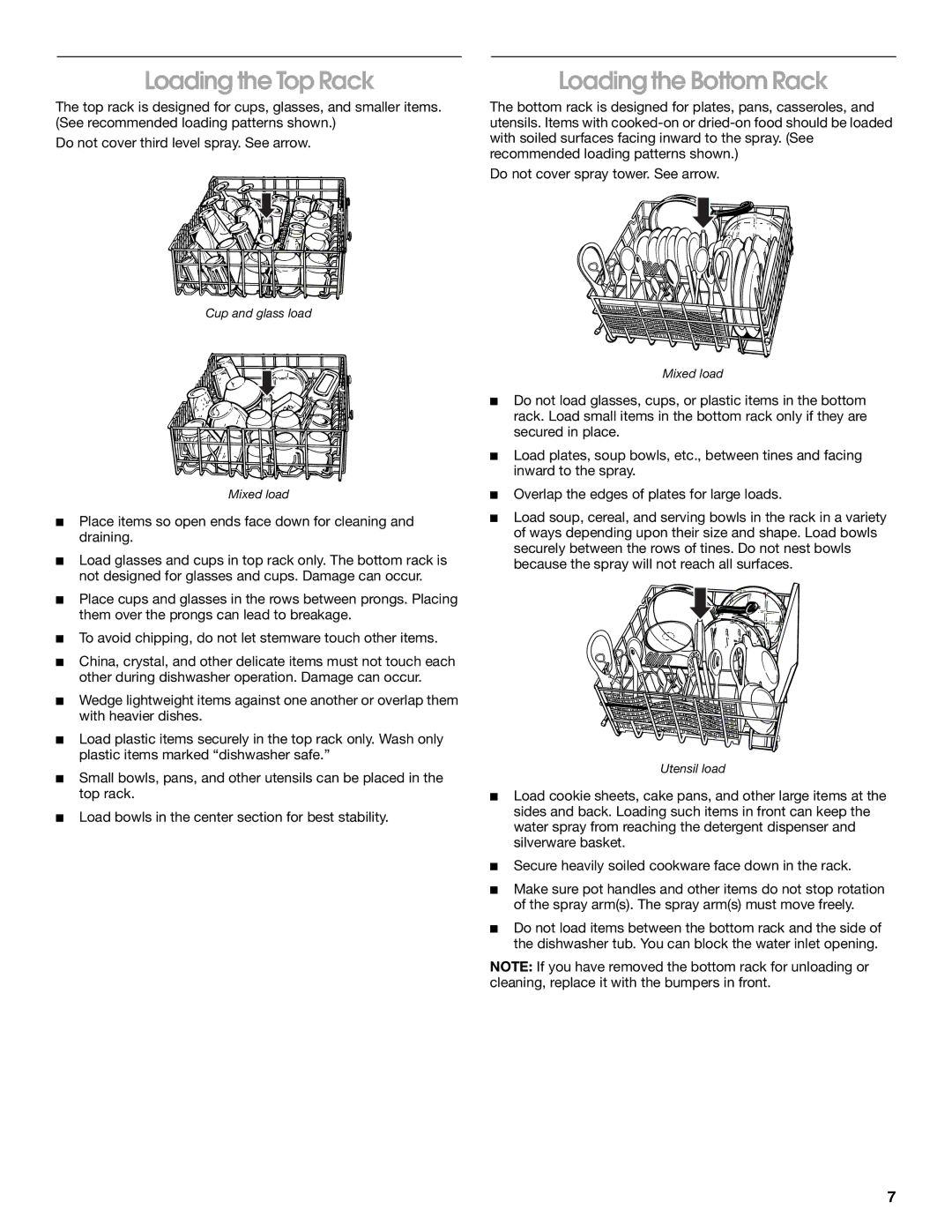 Whirlpool SUD5000 manual Loading the Top Rack, Loading the Bottom Rack 