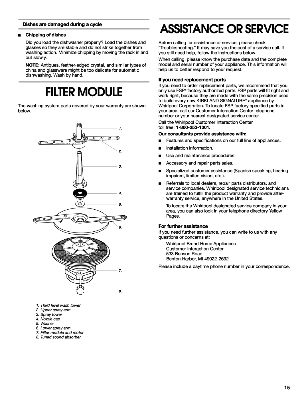 Whirlpool SUD5000 manual Filter Module, Assistance Or Service 
