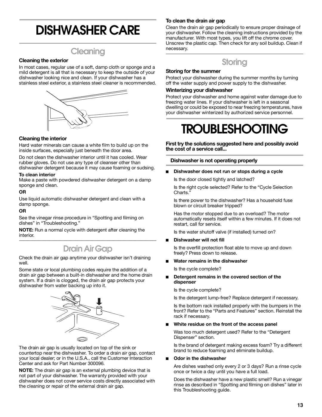 Whirlpool SUD5100 manual Dishwasher Care, Troubleshooting, Cleaning, Drain Air Gap, Storing 