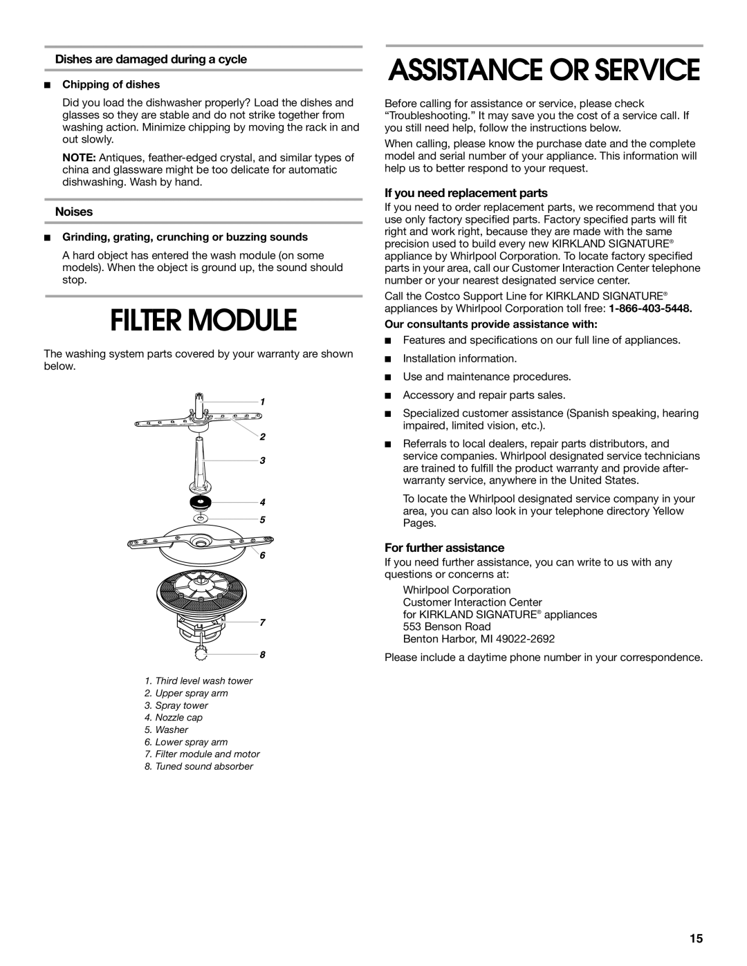 Whirlpool SUD5100 manual Filter Module, Dishes are damaged during a cycle, Noises, If you need replacement parts 