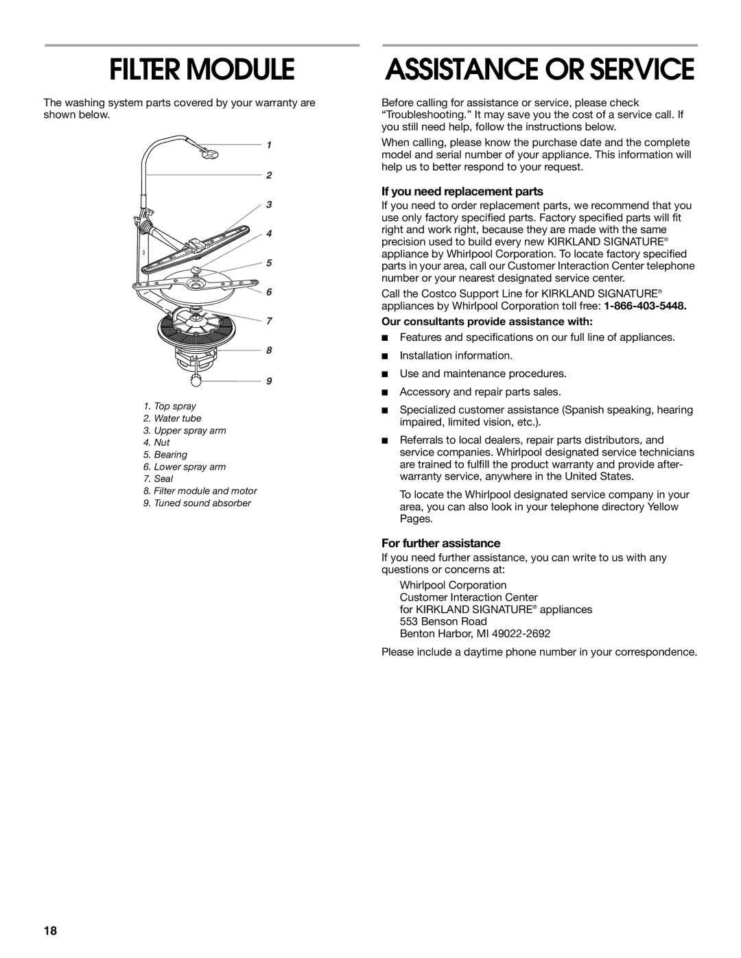 Whirlpool SUD7000 manual Filter Module, If you need replacement parts, For further assistance 