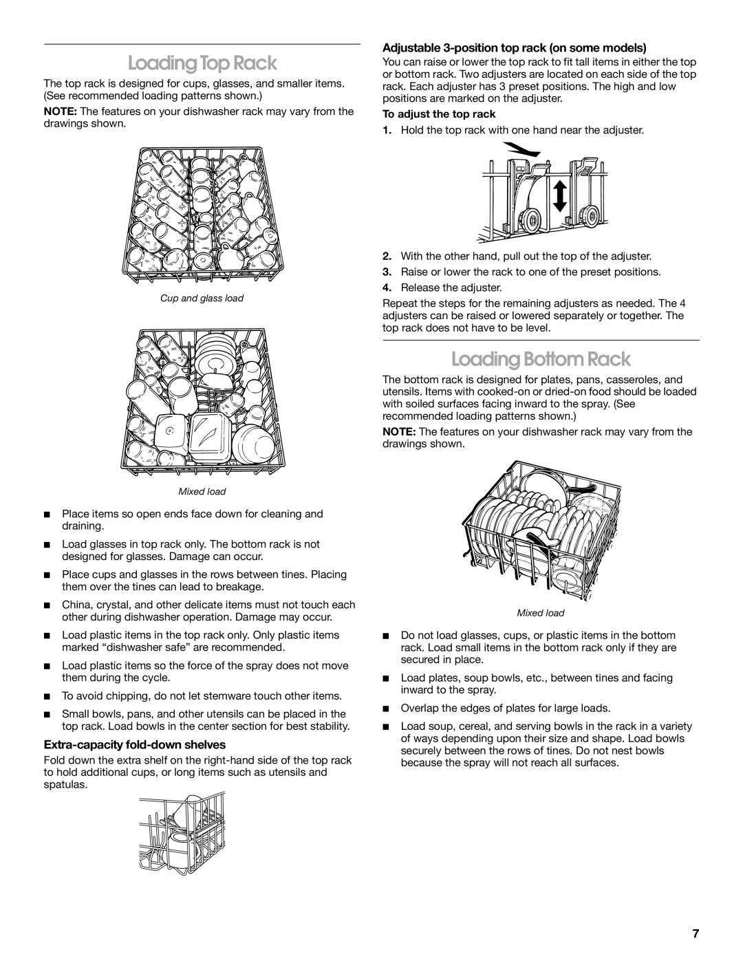 Whirlpool SUD7000 manual Loading Top Rack, Loading Bottom Rack, Adjustable 3-position top rack on some models 