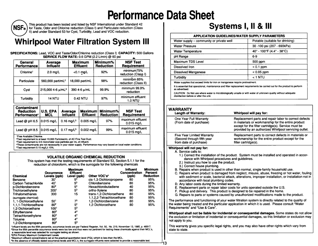 Whirlpool System II, Systerm III manual Maximum, Lnfluent Effluent, Requirement 