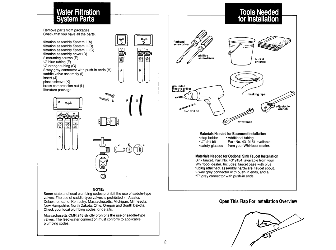 Whirlpool System I Materials Needed for Basement Installation, Materials Needed for Optional Sink Faucet Installation 