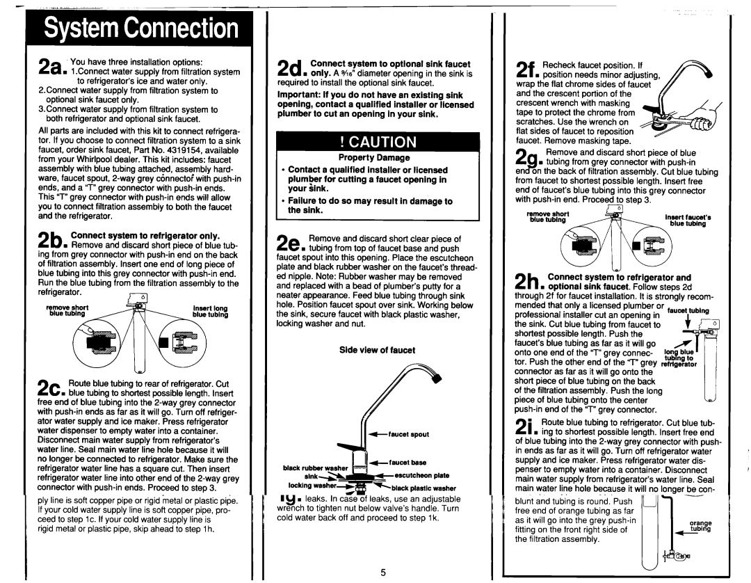 Whirlpool System II 2b Connect system to refrigerator only, 2d Connect system to optlonal sink faucet, Side view of faucet 