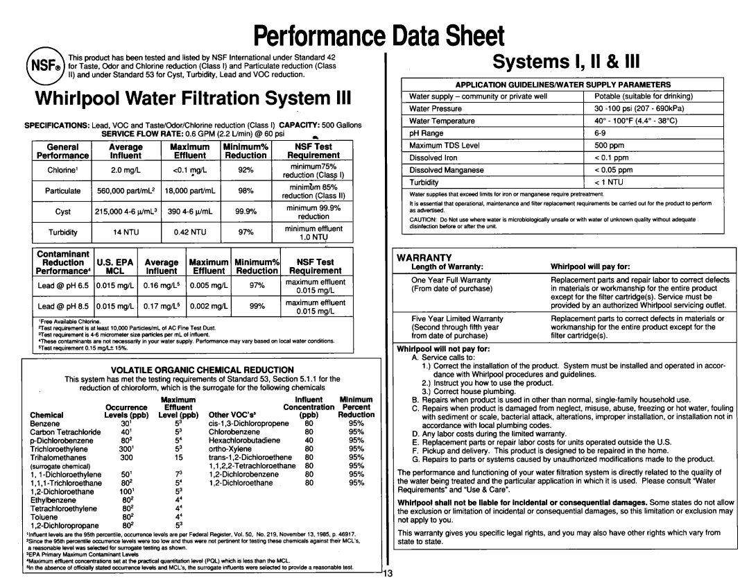 Whirlpool System II, Systerm III manual Whirlpool Water Filtration System Ill, Systems, I, II & Ill, PerformanceDataSheet 