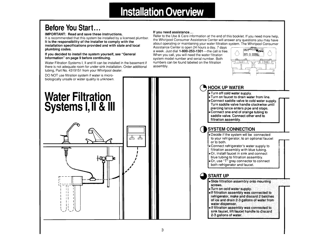 Whirlpool Systerm III, System I SystemsI,II, WaterFiltration, BeforeYouStart, Hook Up Water, a‘SYSTEM CONNECTION, Start Up 