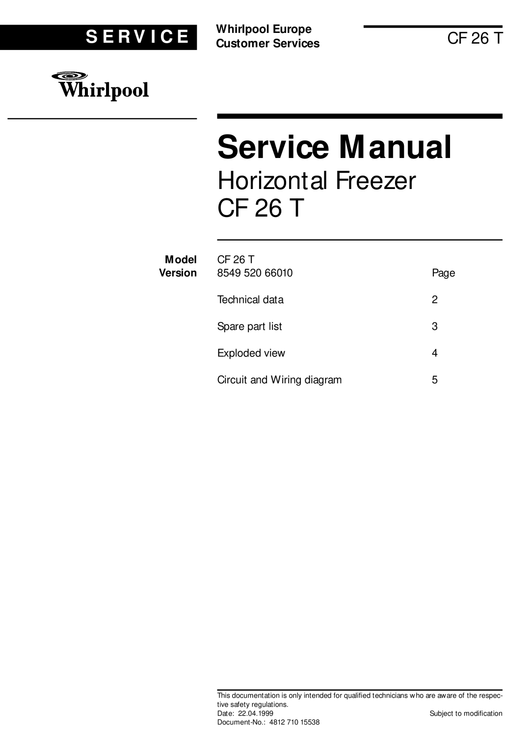 Whirlpool service manual Horizontal Freezer CF 26 T, Model 