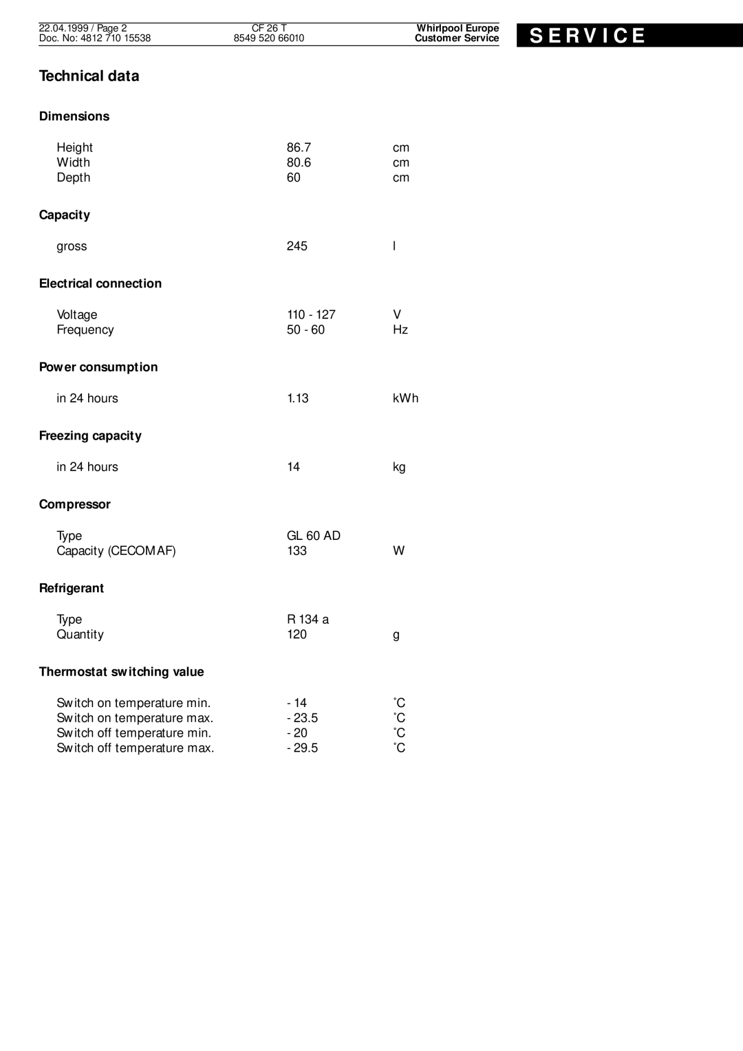 Whirlpool CF 26 T service manual R V I C E, Technical data 