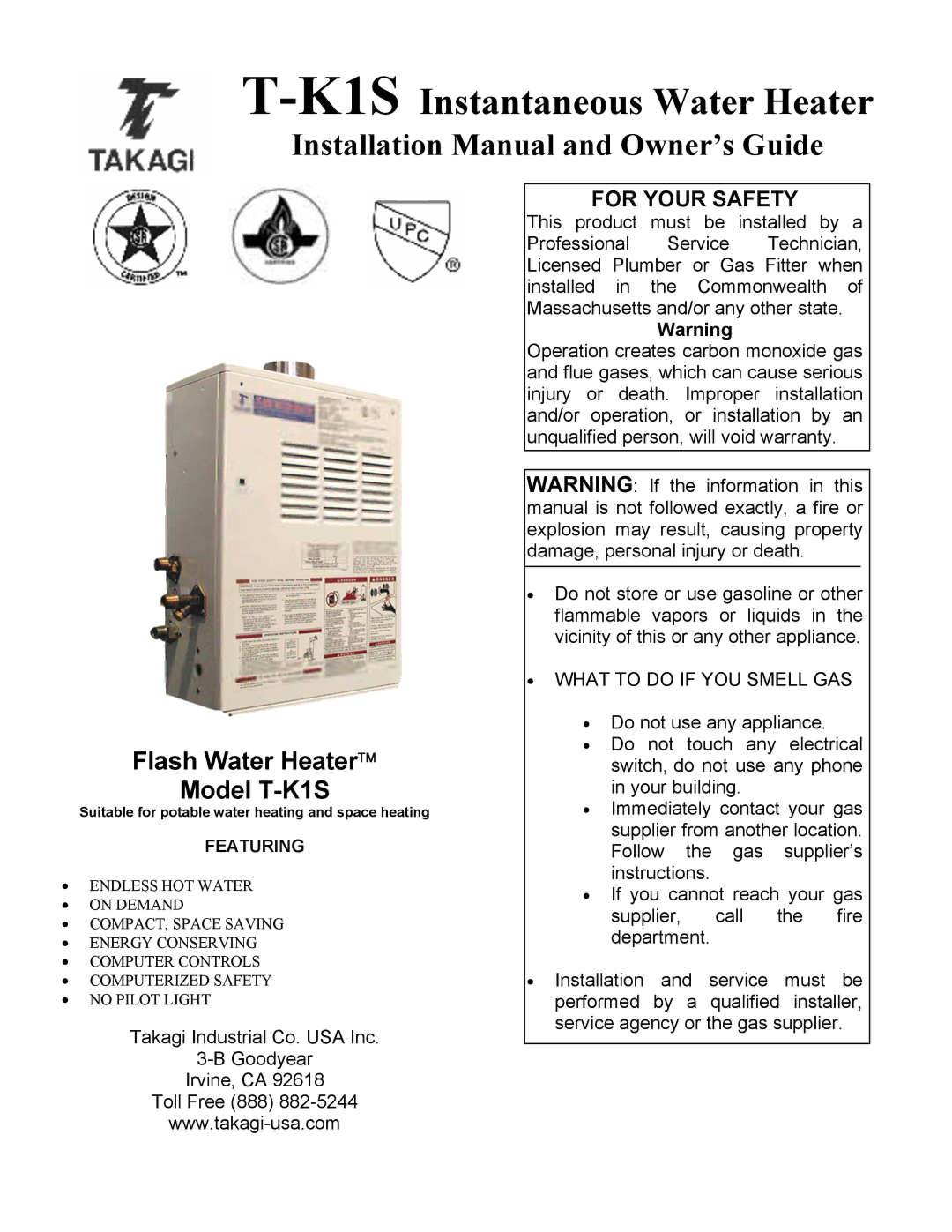 Whirlpool installation manual K1SInstantaneous Water Heater, Flash Water Heater Model T-K1S 