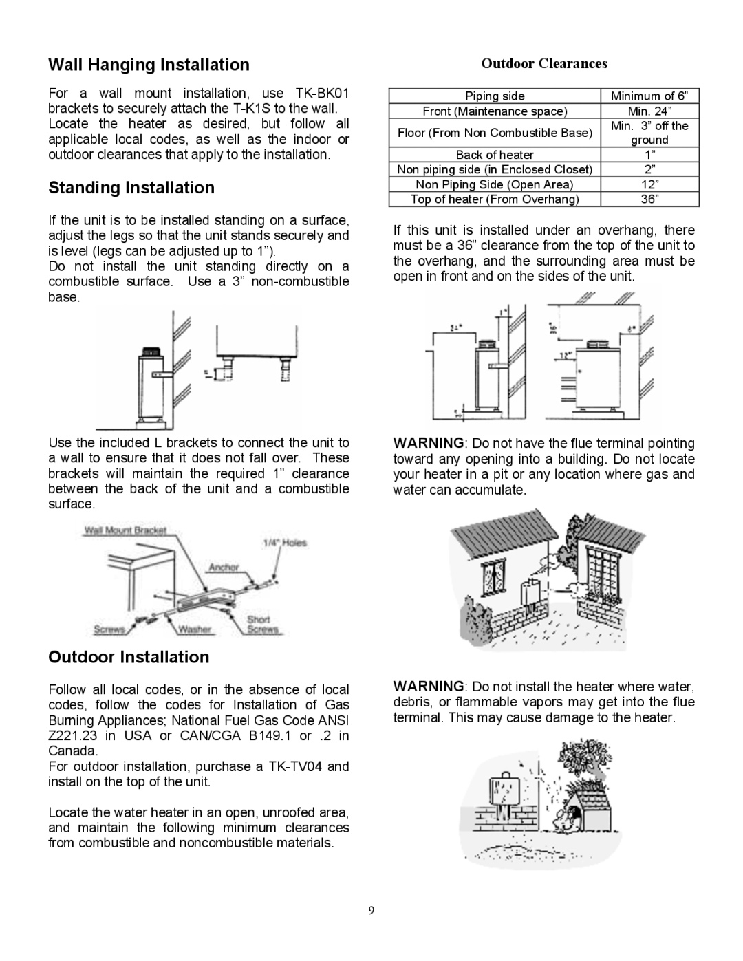 Whirlpool T-K1S installation manual Wall Hanging Installation, Standing Installation, Outdoor Installation 