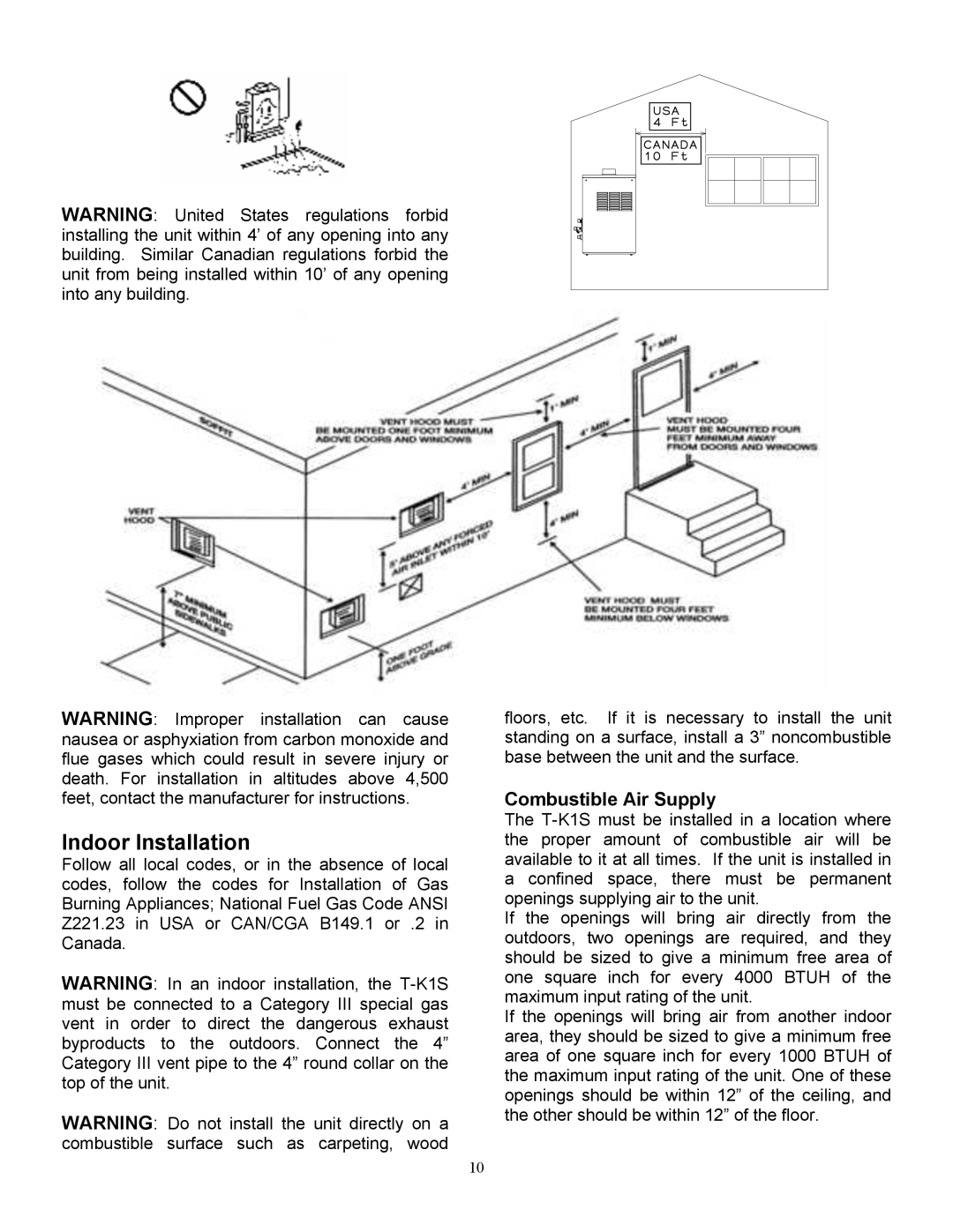 Whirlpool T-K1S installation manual Indoor Installation, Combustible Air Supply 