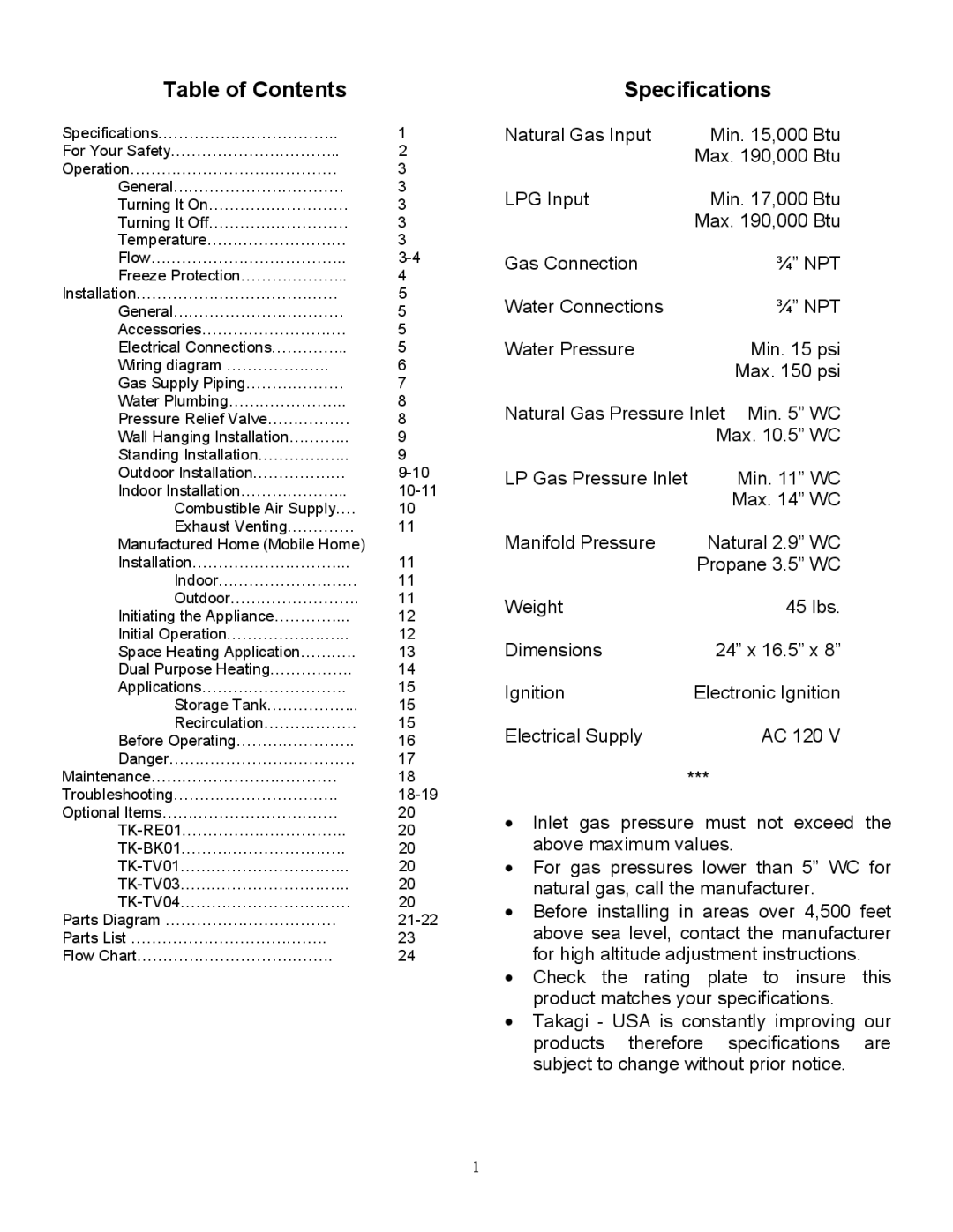 Whirlpool T-K1S installation manual Table of Contents, Specifications 