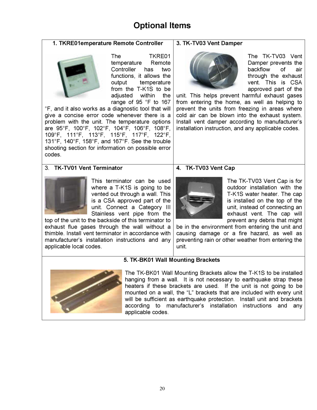 Whirlpool T-K1S installation manual Optional Items, TKRE01emperature Remote Controller TK-TV03 Vent Damper 