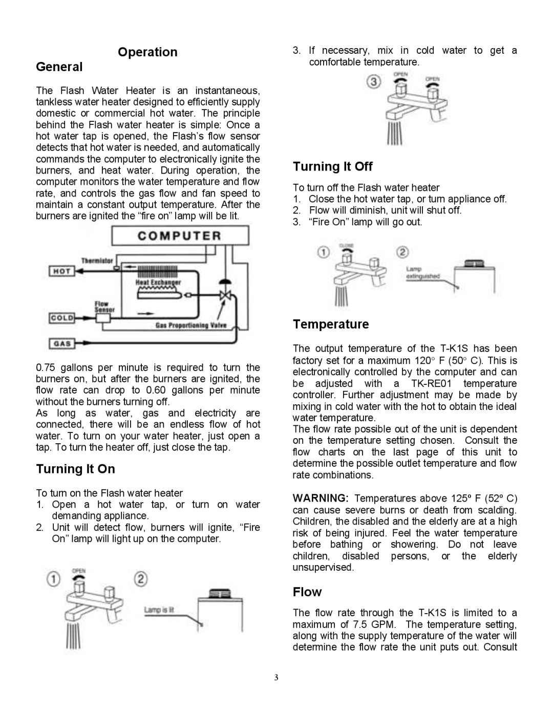 Whirlpool T-K1S installation manual Operation General, Turning It On, Turning It Off, Temperature, Flow 