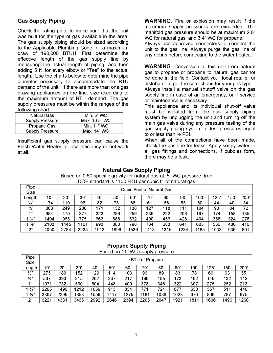 Whirlpool T-K1S installation manual Natural Gas Supply Piping, Propane Supply Piping 