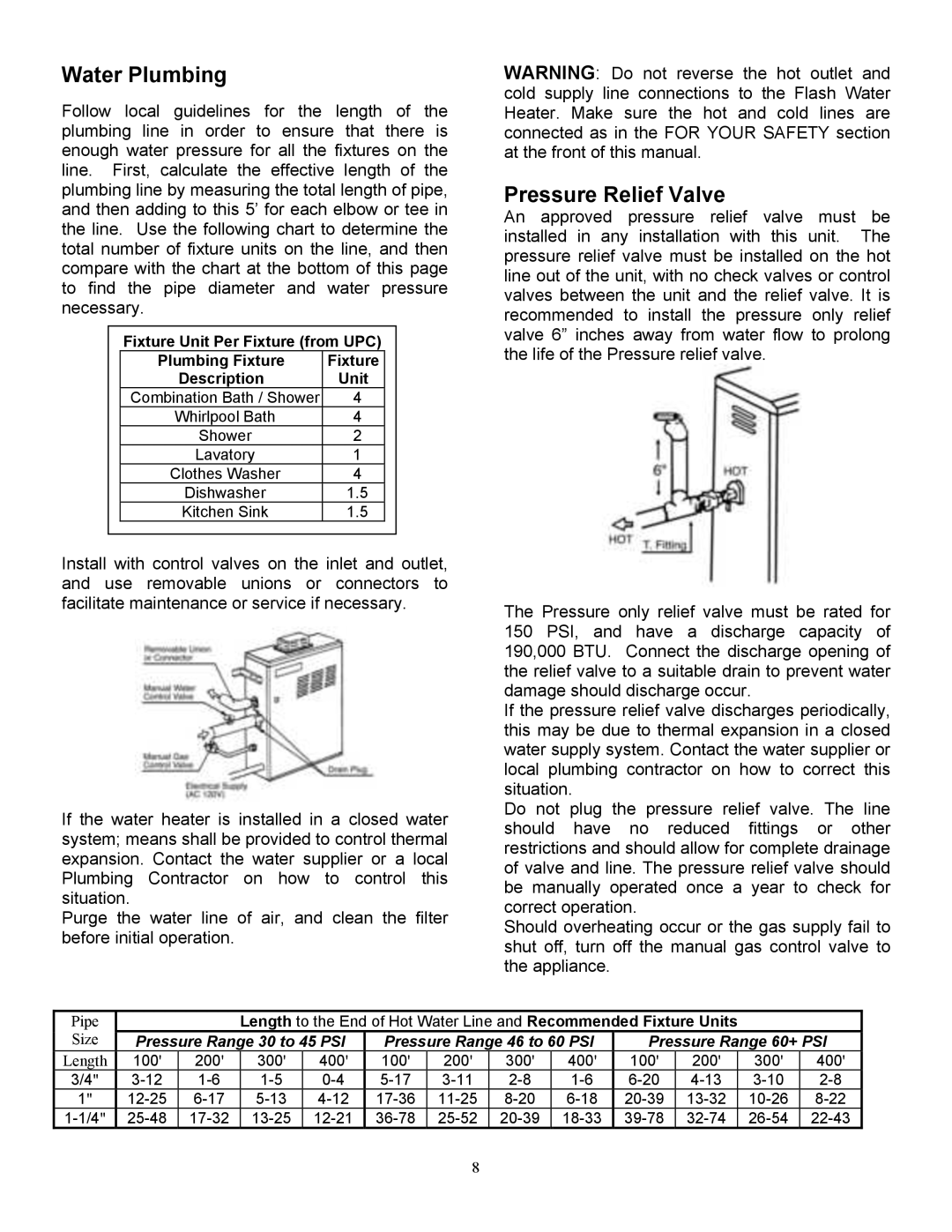 Whirlpool T-K1S installation manual Water Plumbing, Pressure Relief Valve 