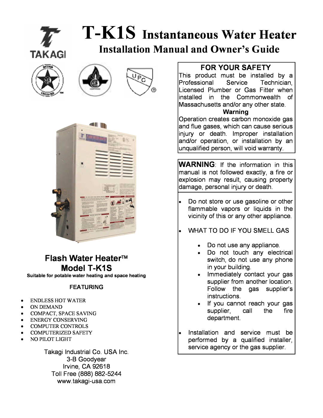 Whirlpool installation manual Installation Manual and Owner’s Guide, Flash Water Heater Model T-K1S, For Your Safety 