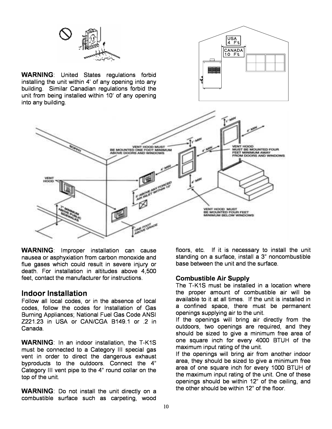Whirlpool T-K1S installation manual Indoor Installation, Combustible Air Supply 
