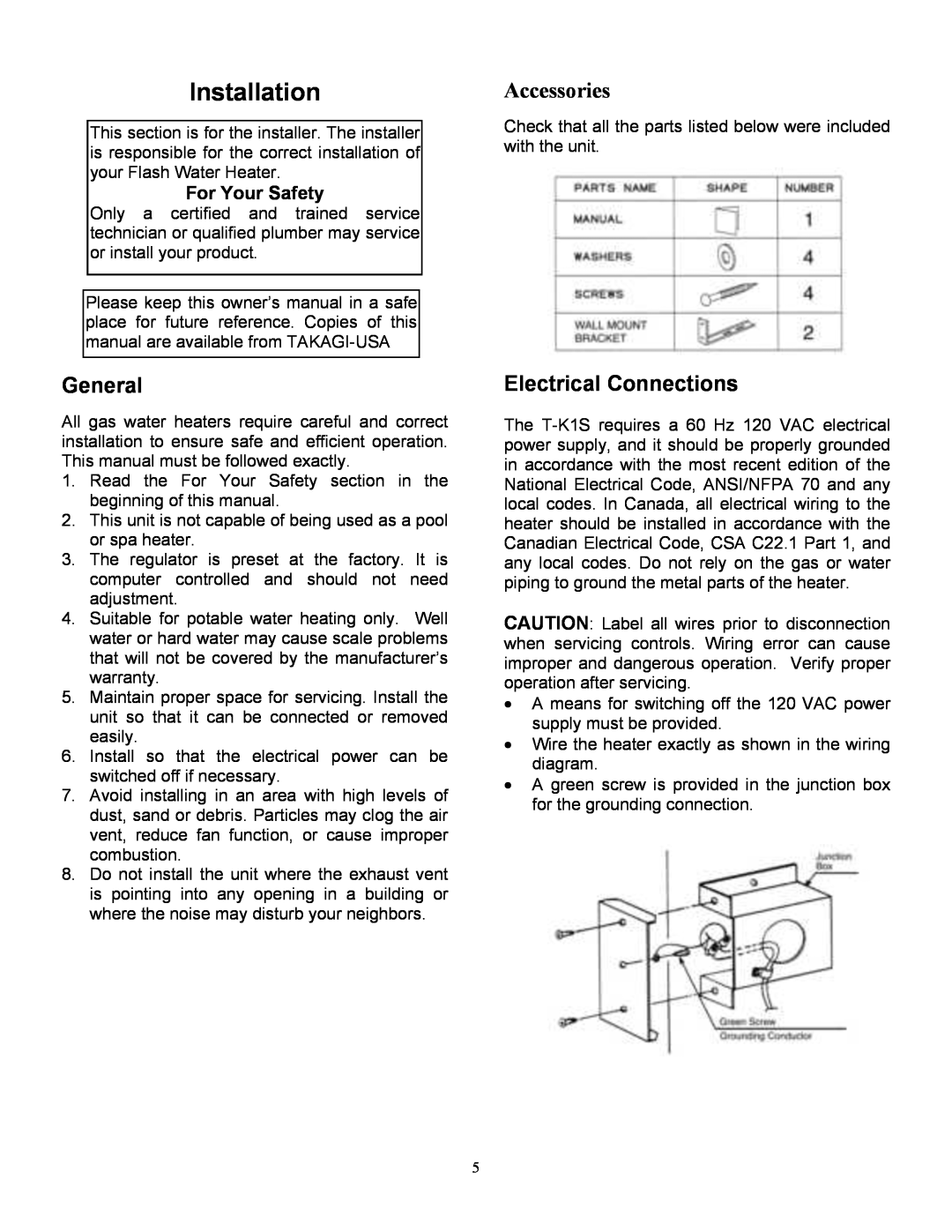 Whirlpool T-K1S installation manual Installation, General, Electrical Connections, Accessories, For Your Safety 