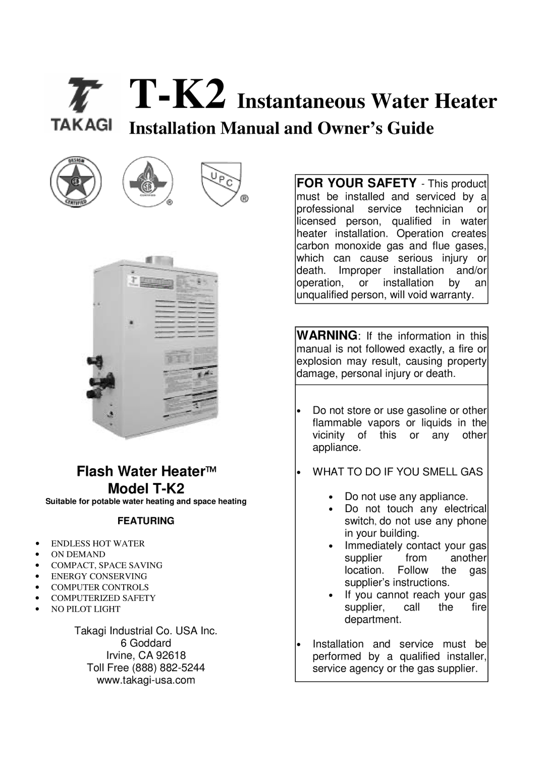 Whirlpool installation manual K2Instantaneous Water Heater, Flash Water Heater Model T-K2 