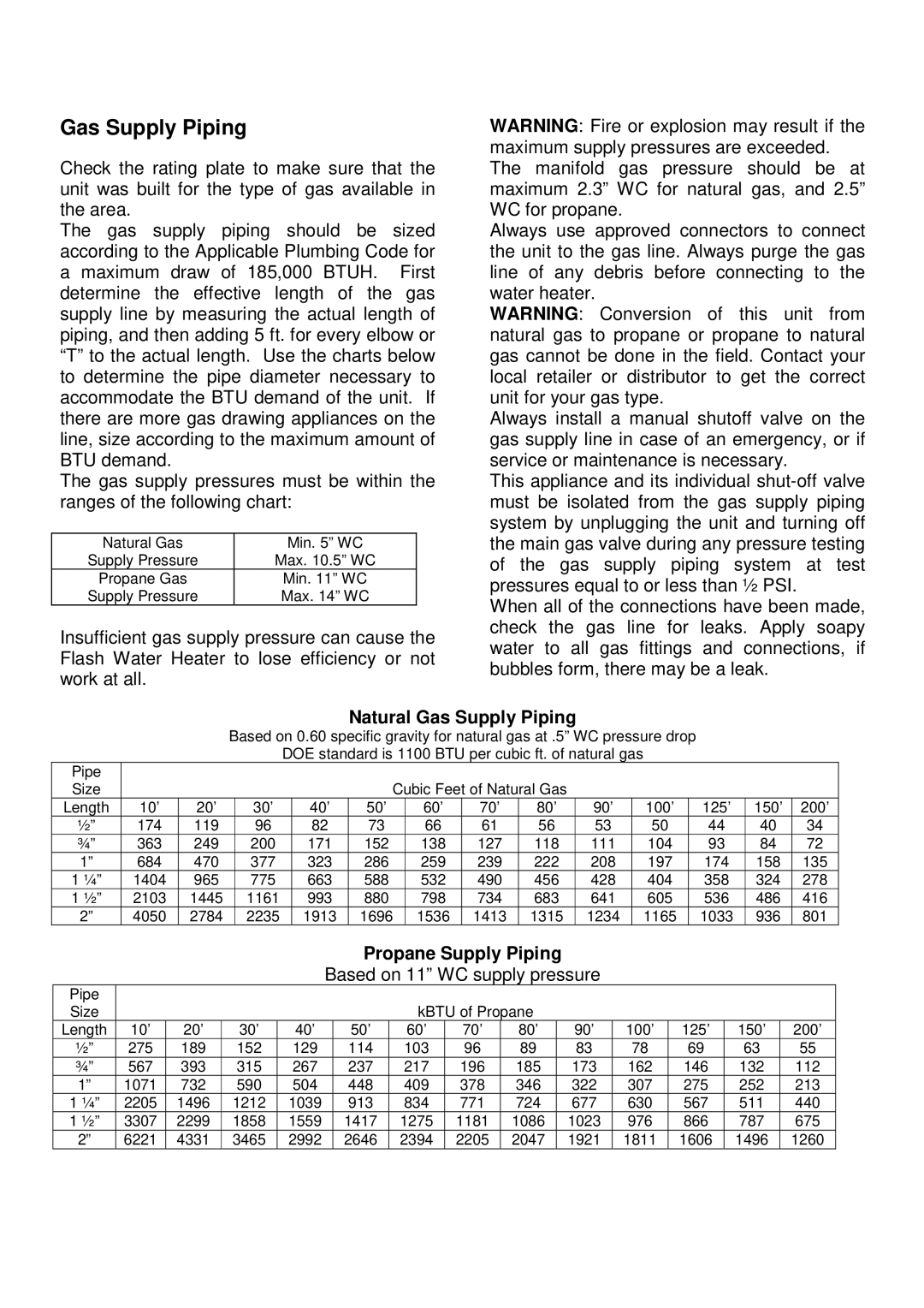 Whirlpool T-K2 installation manual Natural Gas Supply Piping, Propane Supply Piping 