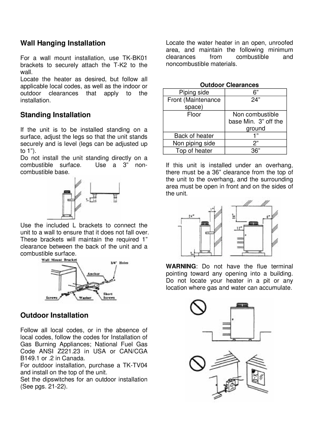 Whirlpool T-K2 Wall Hanging Installation, Standing Installation, Outdoor Installation, Outdoor Clearances 