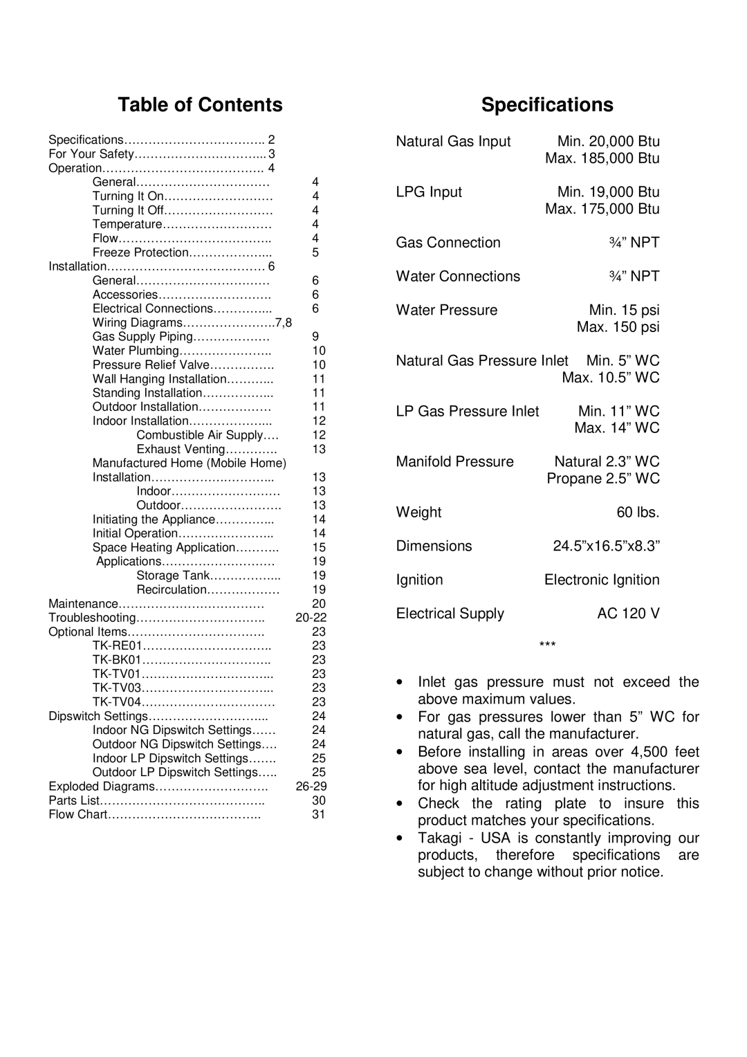 Whirlpool T-K2 installation manual Table of Contents, Specifications 