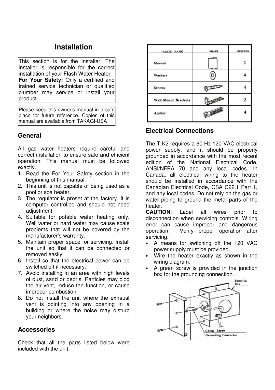 Whirlpool T-K2 installation manual Installation, Accessories, Electrical Connections 