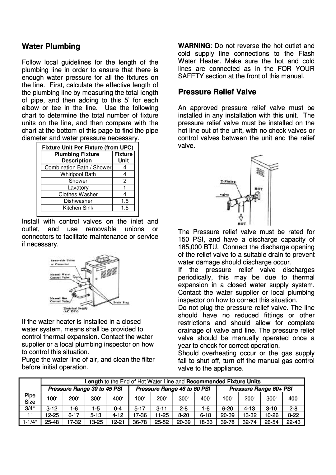 Whirlpool T-K2 installation manual Water Plumbing, Pressure Relief Valve, Fixture Unit Per Fixture from UPC, Description 