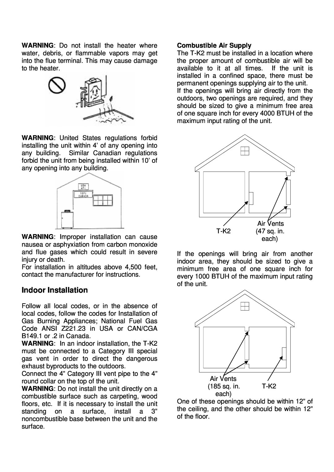 Whirlpool T-K2 installation manual Indoor Installation, Combustible Air Supply 