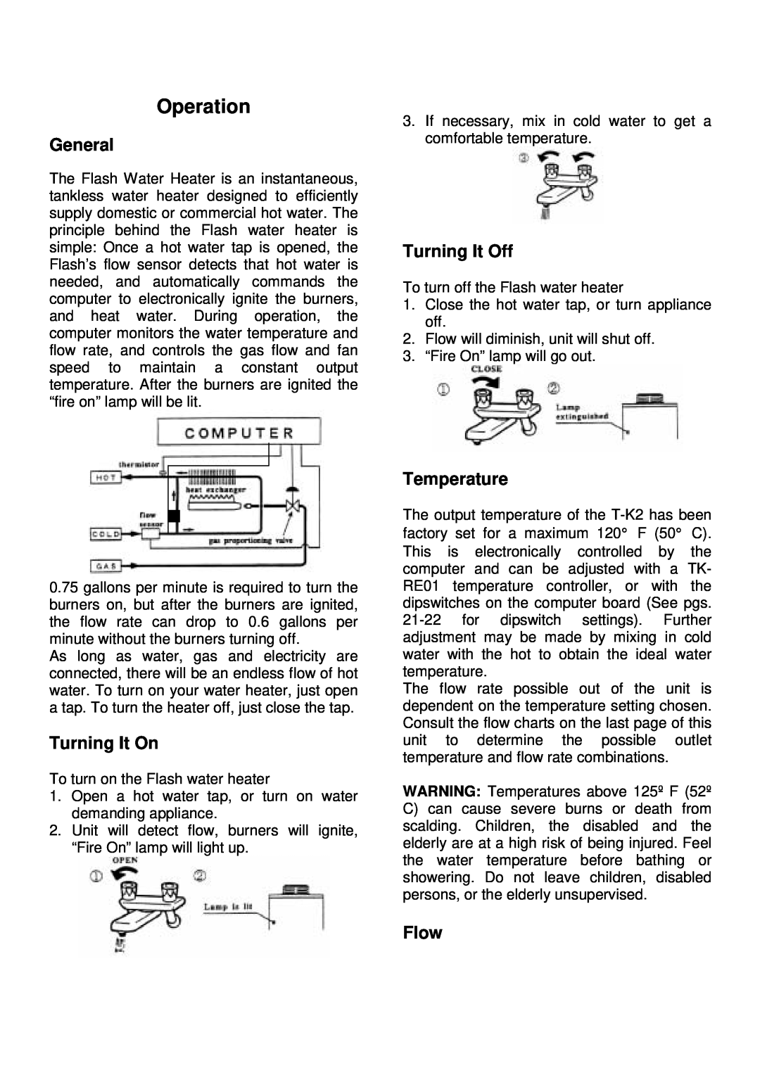 Whirlpool T-K2 installation manual Operation, General, Turning It Off, Turning It On, Temperature, Flow 