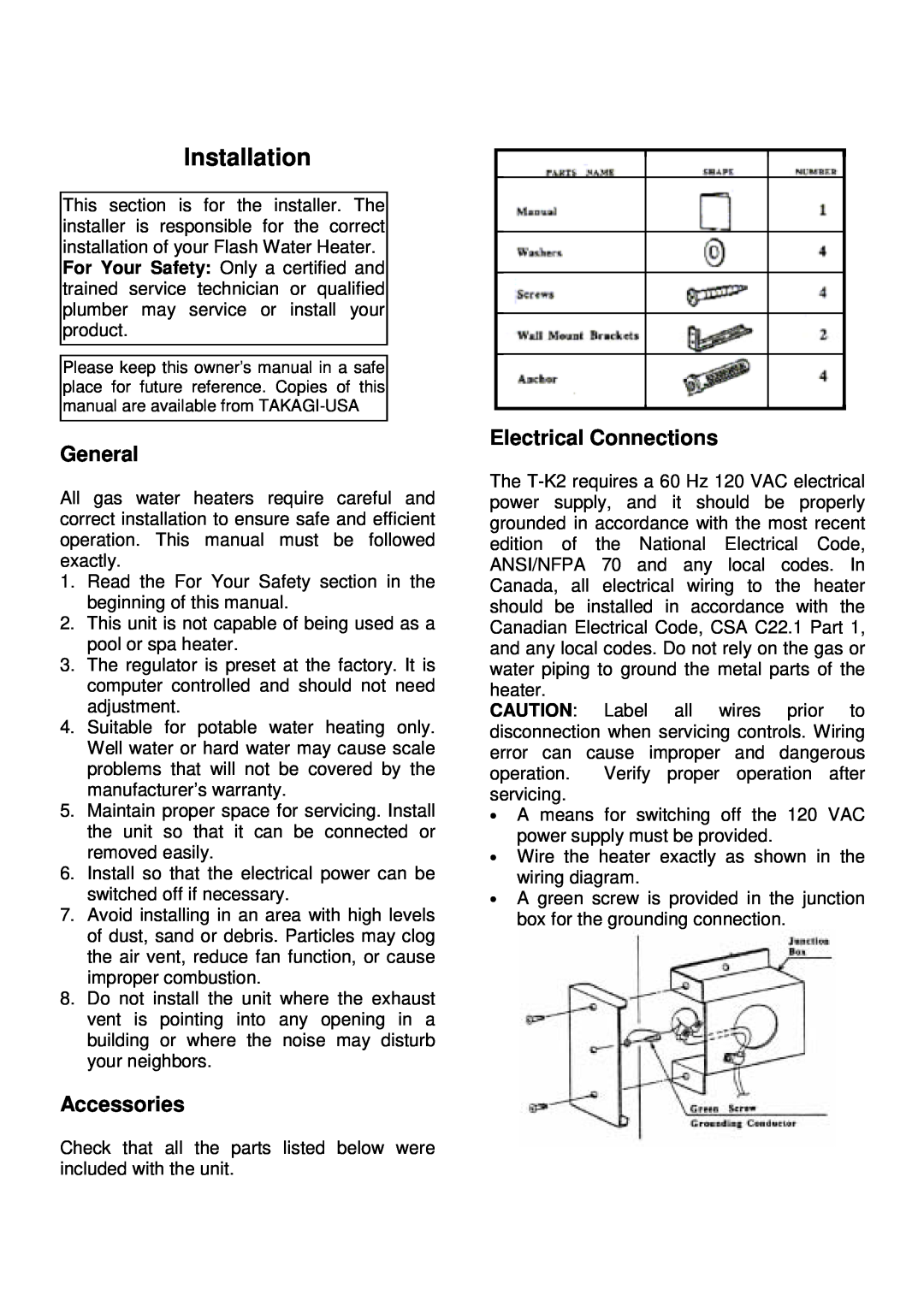 Whirlpool T-K2 installation manual Installation, Accessories, Electrical Connections, General 