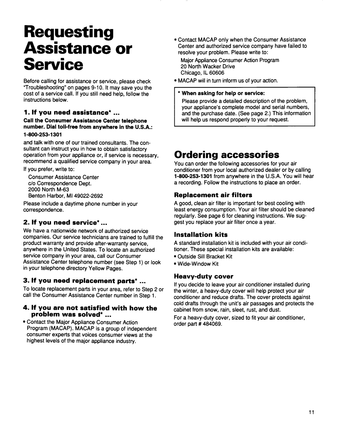 Whirlpool TA07002F0 manual Requesting Assistance or Service, Ordering accessories 